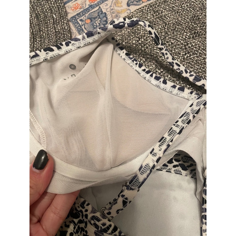 Athleta Leopard Print Tankini Swim Top Blue White Ruched Shelf Bra 38 B/C - Picture 3 of 4